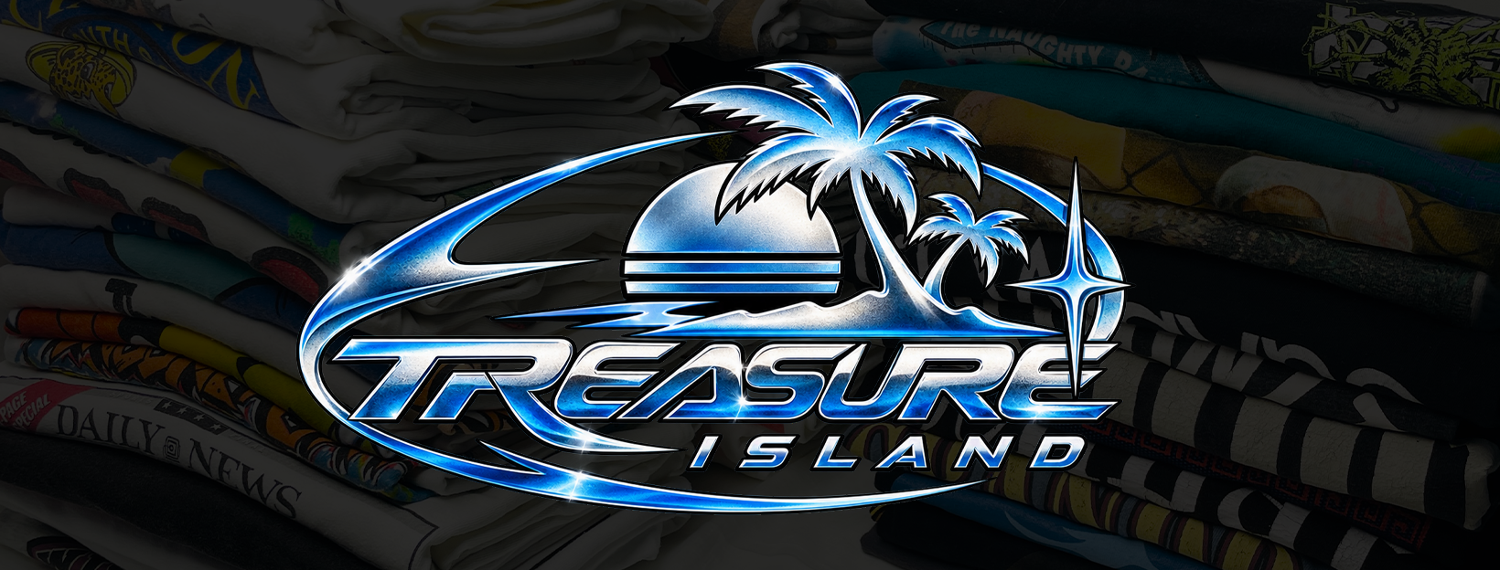 Treasure Island logo over a stack of vintage T-shirts